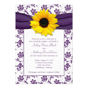 Purple White Damask Sunflower Wedding Invitation