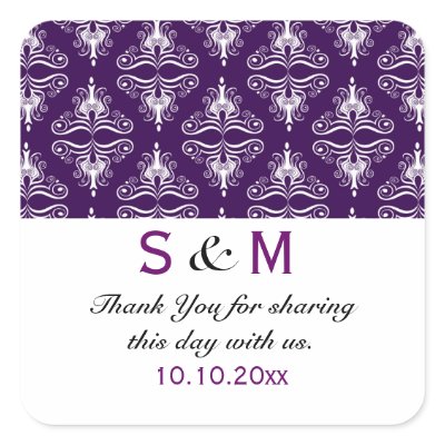 Purple White Damask Thank You Monogram Wedding Stickers