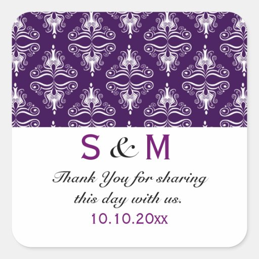 Purple White Damask Thank You Monogram Wedding Stickers