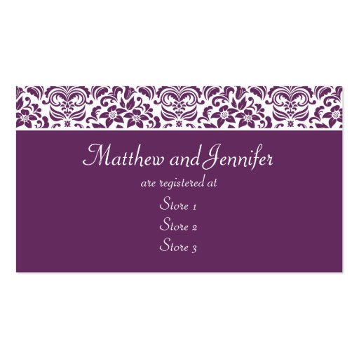 Purple & White Damask Wedding Gift Registry Cards Business Cards (back side)