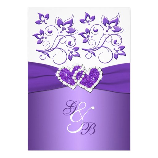 Purple & White Floral Joined Hearts Wedding Invite
