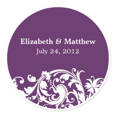 Purple & White Flourish Swirl Wedding Favor Label Round Sticker