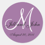 Purple White Monogram Wedding Envelope Seals Round Stickers