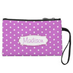 Purple & white polka dot flowers named mini clutch wristlet clutch