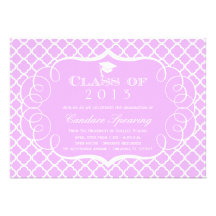 Purple + white quatrefoil graduation announcement