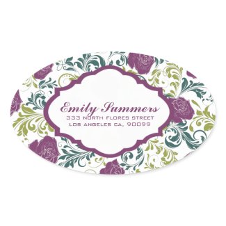 Purple & White Retro Style Roses Pattern Monogram Oval Sticker