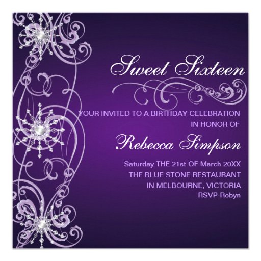 Purple & White Snowflake Sweet 16 Birthday Invite