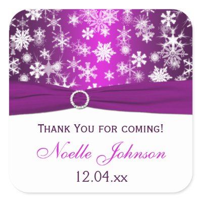 This 15 square purple and white snowflakes wedding shower favor sticker or