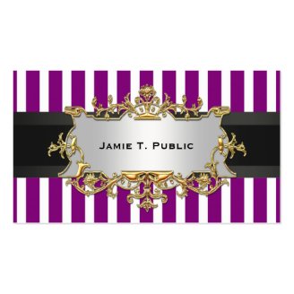 Purple White Stripe, Black Ribbon, Gold Label Business Cards