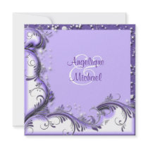 Purple white wedding floral swirl custom invites