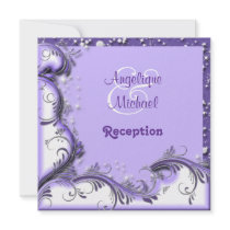 Purple white wedding floral swirl reception custom invitations