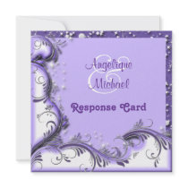 Purple white wedding floral swirl response rsvp custom invites