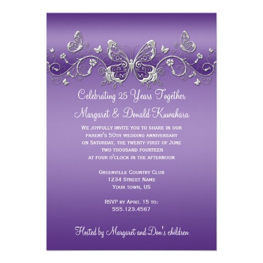 Purple with Silver Butterflies 25th Anniversary Personalized Invites (front side)