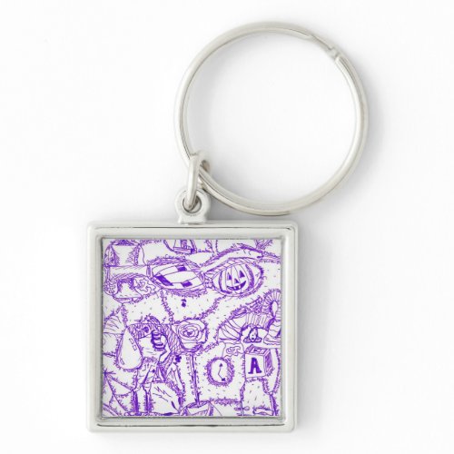Purple world- purple ink drawing of multiple items keychain