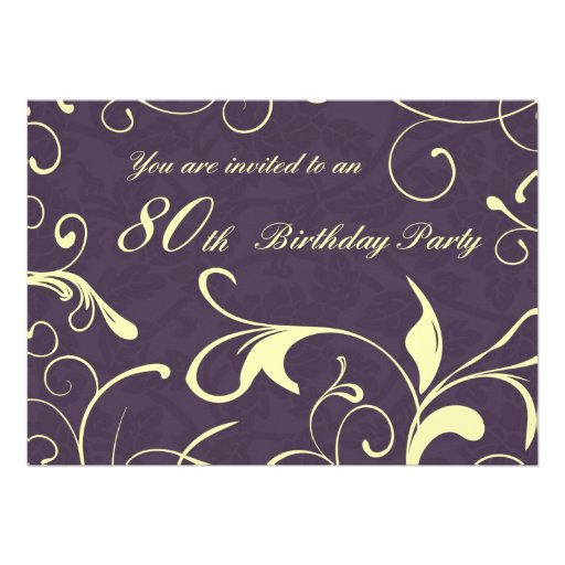 Purple Yellow 80th Birthday Party Invitation Cards (front side)