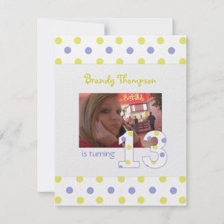 Purple & Yellow Polka Dot 13th Birthday Invitation invitation