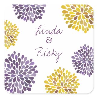 Purple &amp; Yellow Watercolor Dahlias Wedding Seal Square Stickers