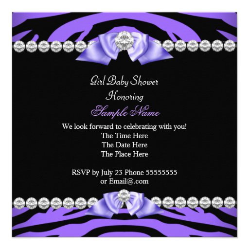 Purple Zebra Baby Shower Girl Princess Diamond Personalized Invites