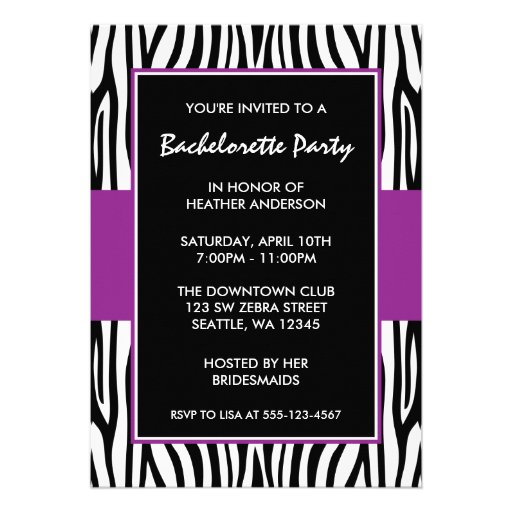 Purple Zebra Bachelorette Party Invitations