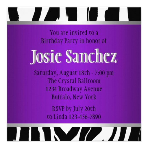 Purple Zebra Birthday Invitation