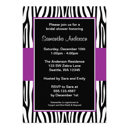 Purple Zebra Bridal Shower Custom Announcements