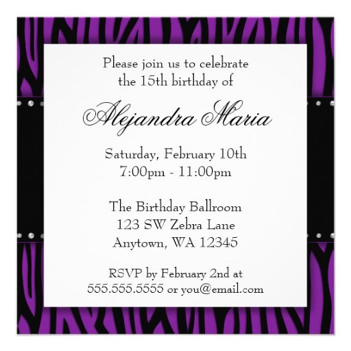 Purple Zebra Diamonds Quinceanera Custom Invite