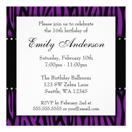 Purple Zebra Diamonds Sweet 16 Birthday Invites