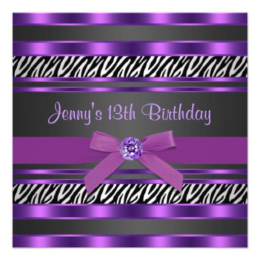 Purple Zebra Girls 13th Birthday Party Personalized Invitations