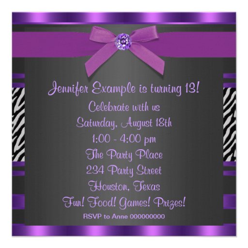 Purple Zebra Girls 13th Birthday Party Personalized Invitations