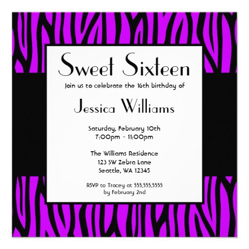 Purple Zebra Modern Sweet 16 Birthday Party Invitations