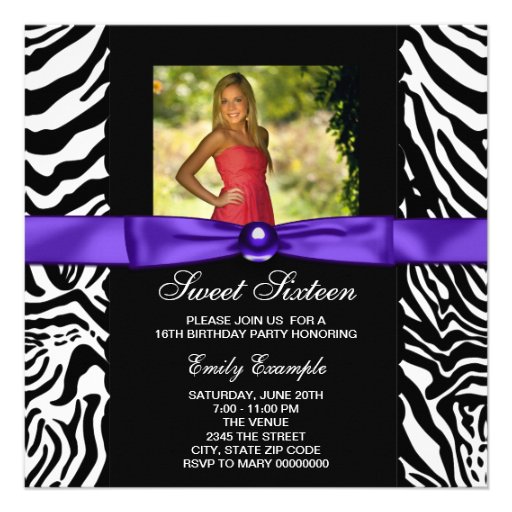 Purple Zebra Photo Sweet 16 Party Announcements