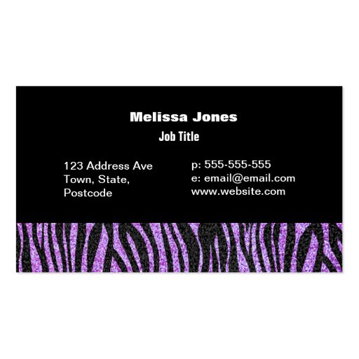 Purple Zebra stripe pattern (faux glitter bling) Business Cards (front side)