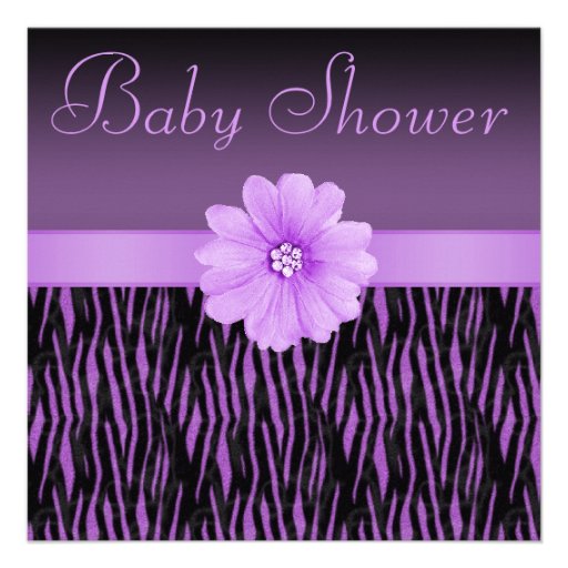 Purple Zebra Stripes & Bling Flower Baby Shower Personalized Invites
