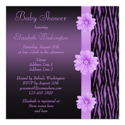 Purple Zebra Stripes & Bling Flower Baby Shower Personalized Invites