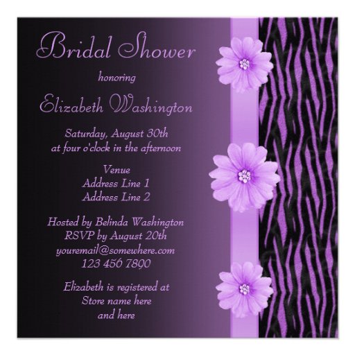 Purple Zebra Stripes Bling Flower Bridal Shower Personalized Announcement