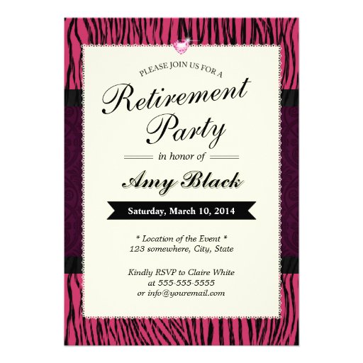 Purple Zebra Stripes Retirement Party Invitations (front side)