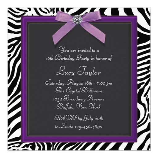 Purple Zebra Sweet 16 Birthday Party Custom Invitation