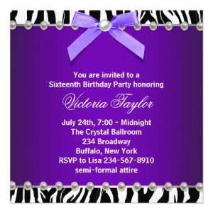Purple Zebra Sweet 16 Birthday Party Personalized Invitations
