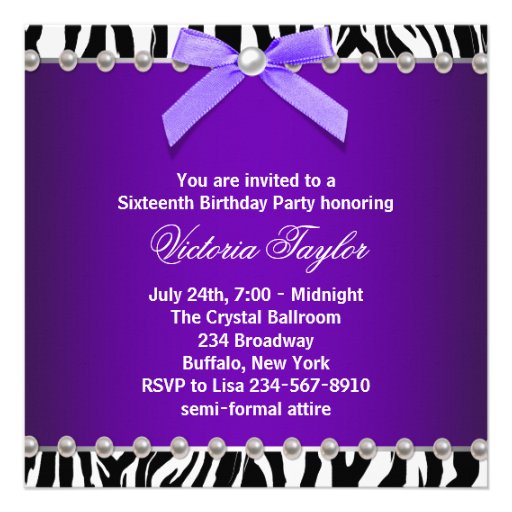Purple Zebra Sweet 16 Birthday Party Personalized Invitations