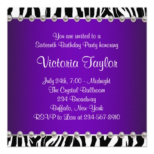 Purple Zebra Sweet 16 Birthday Party Invitations