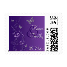 Púrpura, floral gris, mariposas que casan franqueo