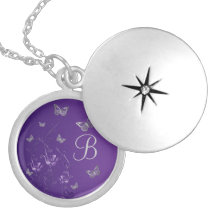 Púrpura, plata floral, Locket del monograma de las Collar