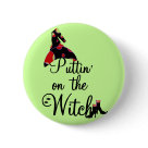 round_button - Puttin on the Witch T-shirts, tank tops, sweatshirts, long sleeve tees, mugs, cards, stickers, buttons, trick or treat bags, and other Halloween witch clothing and gifts.: Sizes 