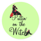 round_sticker - Puttin on the Witch T-shirts, tank tops, sweatshirts, long sleeve tees, mugs, cards, stickers, buttons, trick or treat bags, and other Halloween witch clothing and gifts.: Sizes 