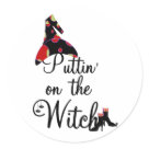 round_sticker - Puttin on the Witch T-shirts, tank tops, sweatshirts, long sleeve tees, mugs, cards, stickers, buttons, trick or treat bags, and other Halloween witch clothing and gifts.: Sizes 