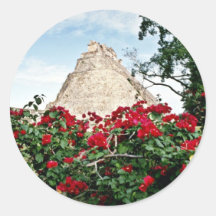 Pyramid Of The Magician With Bougainvillea, Uxmal Round Stickers