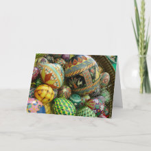 Pysanky Easter Eggs Card - This beautiful Easter card cover is the art of Psyanky. Inside the cover tells about the centuries old tradion. While on the bottom inside are your Easter wishes.