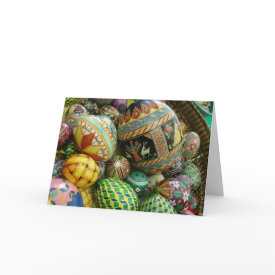 Pysanky Easter Eggs Card - This beautiful Easter card cover is the art of Psyanky. Inside the cover tells about the centuries old tradion. While on the bottom inside are your Easter wishes.