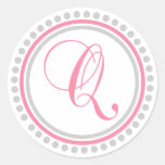 Q Monogram (Pink / Silver Dot Circle) Round Sticker