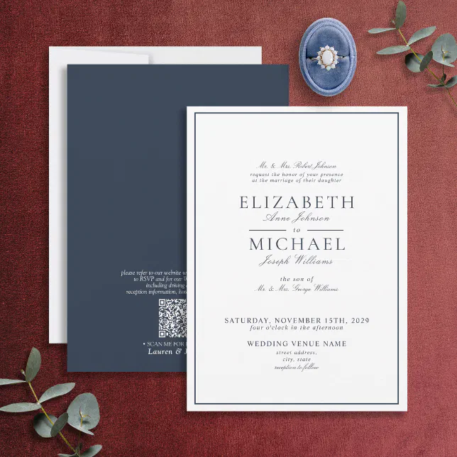 QR Code Navy Blue Classic Script Wedding Invitation Zazzle